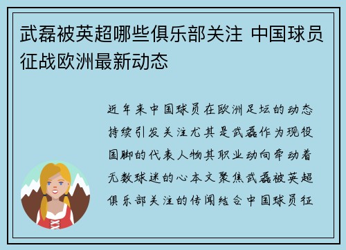 武磊被英超哪些俱乐部关注 中国球员征战欧洲最新动态