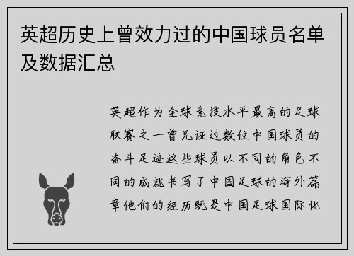 英超历史上曾效力过的中国球员名单及数据汇总