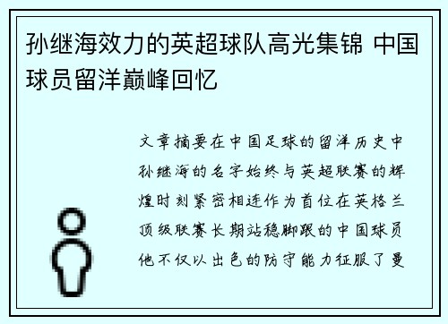 孙继海效力的英超球队高光集锦 中国球员留洋巅峰回忆